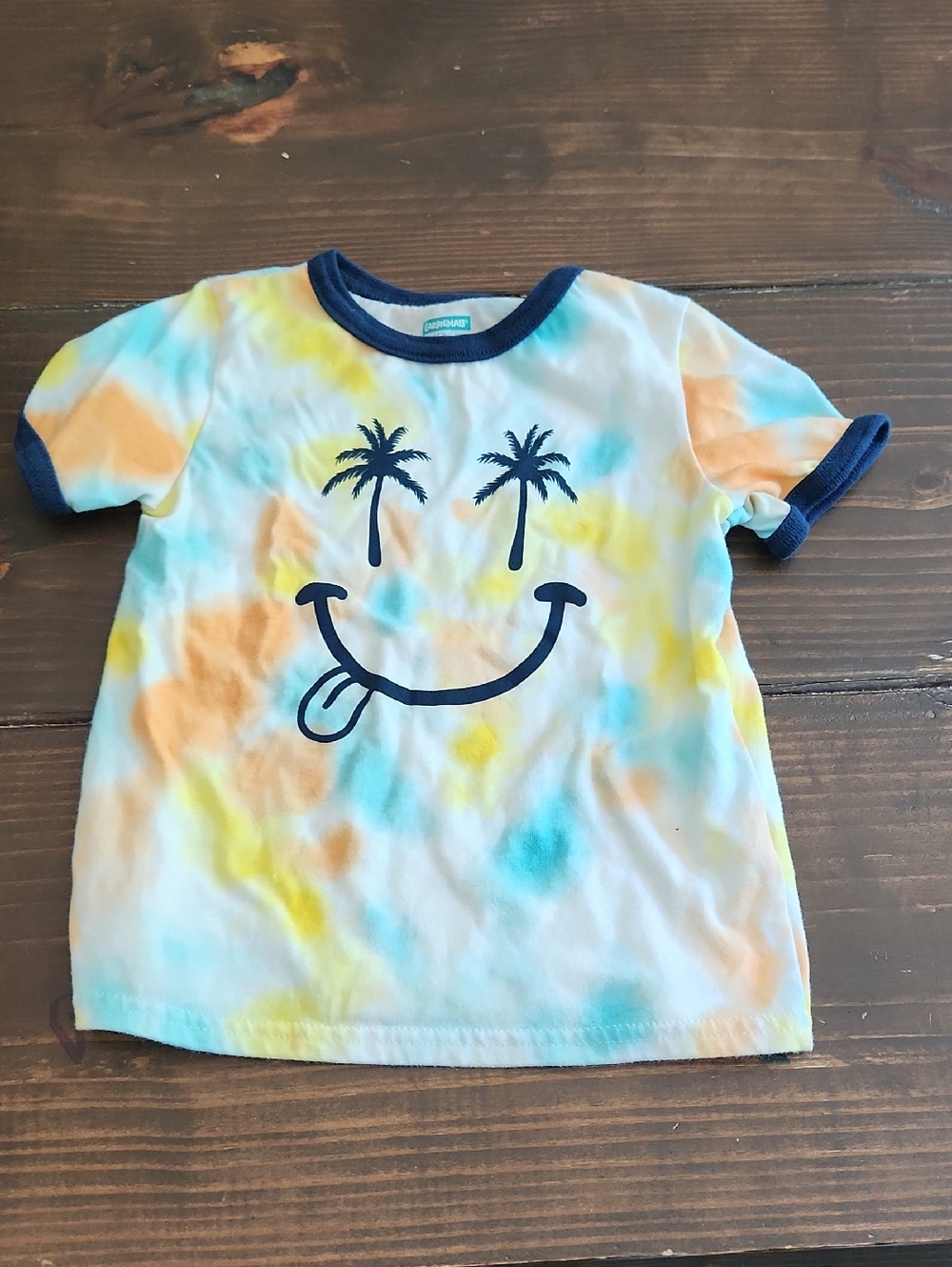 Garanimals White Tie-Dye Tee with Navy Trim & Smiley Palm Graphic